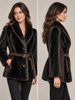 EUC Vintage leather faux fur coat Sears Fashions Tissavel France, brown, M